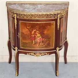 French Demilune Hand Painted Scenic Couple Demi Lune Petite Chest