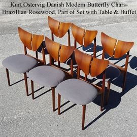 Kurt Ostervig Danish Modern Butterfly Chairs, Brazilian Rosewood, Sold with Matching Oval Dining Table, Matching Kurt  Ostervig Server also in sale