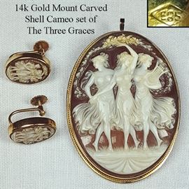Jewelry Gold 14k Carved Shell Cameo Pendant Brooch Earrings Three Graces