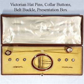 Jewelry Victorian Set Hat Pins Collar Buttons Buckle Presentation Box