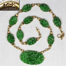Jewlery Gold 14k Carved Jade Medallions Necklace