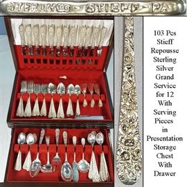 Sterling Silver Stieff Repousse Grand Service For 12 Flatware With Serving Pieces
