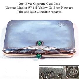 Sterling Silver Cigarette Card Case German Nouveau Gold 14k Jade Accents
