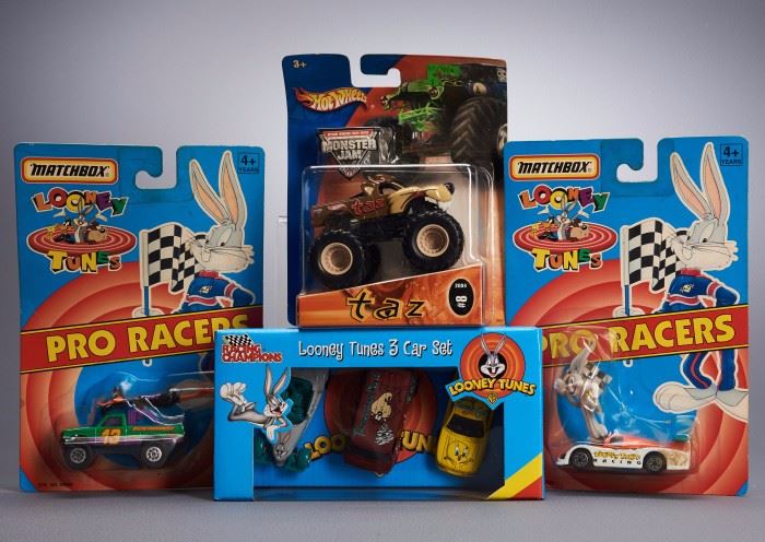 Offered is a lot of 4 Looney Tunes cars from Matchbox, Hot Wheels, and Racing Champions: Bugs Bunny Race Car, Daffy Duck Car, Taz Monster Truck, and Looney Tunes 3 Car Set. The packages are moderately worn and faded but the toys are undamaged. Please see the photos at completeset.com for details.