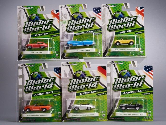 Offered is a lot of 6 Motor World cars from Greenlight. The packages show minor shelf wear but the cars are undamaged. The bubble on the Porsche is mostly detached. Please see the photos at completeset.com for details.