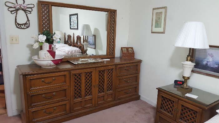 Triple dresser with mirror  $100  Bedside table   $25