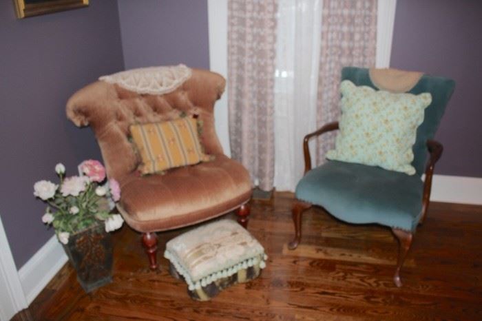 Side Chairs in different Styles with Small Ottoman with Floral Decorative