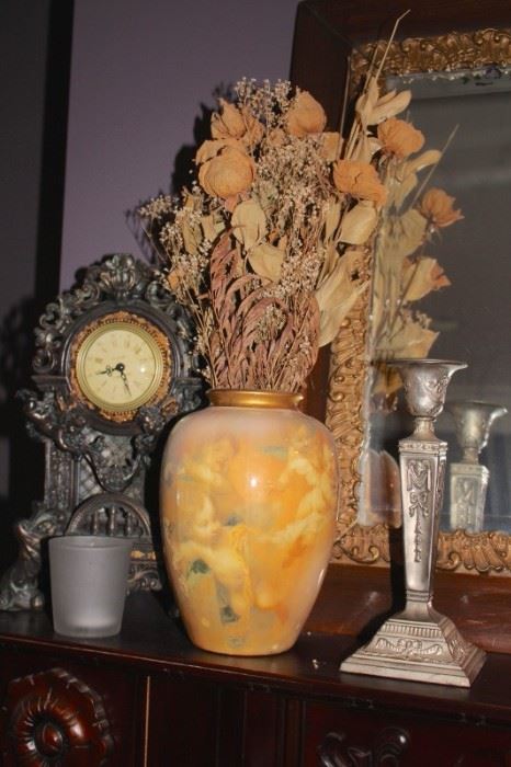 Vintage Clock with Candlestick, Vase with Dried Flowers
