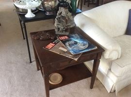 Retro side table, old Life magazines, metal sculpture 