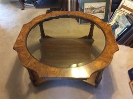 Burled wood and glass coffee table