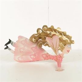 Karen Rossi Metal "Fanciful Flight" Sculpture: A metal Fanciful Flight sculpture by artist Karen Rossi.This piece depicts a blonde woman with pink fairy wings, flying with her arms extended. The figure is signed and dated “K. Rossi 1994” to its lower edge.