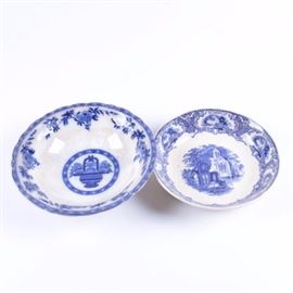 Vintage Blue and White Transferware Bowls: A vintage pair of blue and white transferware bowls. The bowl with images of an abbey is marked “Petrus Regout & Co, Maastright, ABBEY, Made in Holland” to the underside. The scalloped edge bowl with a floral design and centered basket of flowers is marked “ERJEL, England Delph, Reg No 54533” with other manufacturer’s marks to the underside.