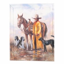 Kirk Randle Oil Painting on Board of Rural Scene: An oil painting on board of a rural scene by listed American artist Kirk Randle (born 1952). This painting features loose and stipple brushstrokes and is rendered in a palette of pastel tones. Depicted is a field featuring tall grass, with a man in a yellow coat and brimmed hat accompanied by hunting dogs and a saddled horse, standing before a reflective puddle with clouds overhead. It is signed by hand to the lower right corner and presented in a wooden frame with a metal hanging wire to the verso.
