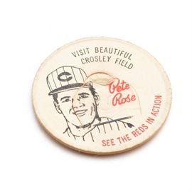 Pete Rose 1963 French Bauer Lid: A Pete Rose 1963 French Bauer milk lid. These cardboard lids had illustrations of a Cincinnati Reds player, their name was printed in red script lettering along with “Visit Beautiful Crosley Field” and “See The Reds In Action”. The lid is not dated. French Bauer was a dairy company in Cincinnati, Ohio and Lexington, Kentucky.