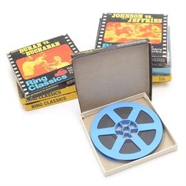 Nine 8mm Boxing Films Includes Ali and Marciano: A collection of nine 8mm boxing films. The films are as listed: Joe Louis – Max Schmeling, “Fights 1 & 2”; Joe Louis – Jersey Joe Walcott, “1st Fight”; “No. 68 Rocky Marciano VS. Lee Savold February 13, 1952”; “No. 46 Muhammad Ali (Cassius Clay) VS. Jimmy Ellis July 26, 1971”; “Cassius Clay (Muhammad Ali) Heavyweight Special”, “Super 8mm Edition”; “Sugar Ray Robinson Knockout Special Super 8mm Editi”; “Roberto Duran VS. Ken Buchanan”; “Tony Zale VS. Marcel Cerdan”; and “Jack Johnson VS. James J. Jeffries”.