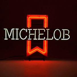Michelob Neon Beer Sign: A Michelob beer neon sign. The sign is dated 1988 and it’s called, ""Michelob Regular", “Item 363-171”, Mt. Vernon Neon Sign Company located in Mt. Vernon, Illinois. The transformer is a FranceFormer. The ribbon design lights up as red, “Michelob” lights up white. Michelob is a product of Budweiser.