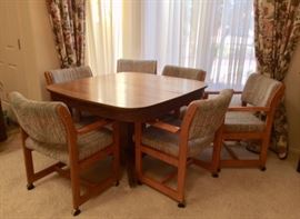 Oak Dining Table, 6 Universal Furniture Upholstered Arm Chairs on Castors
