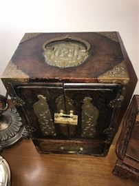 ANTIQUE ORIENTAL WOOD AND BRASS JEWELRY BOX WITH JADE ACCENTS