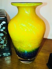 BRIGHT YELLOW AND BLUE HAND BLOWN VASE