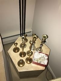BRASS CANDLE-HOLDERS AND HEXAGON STAND