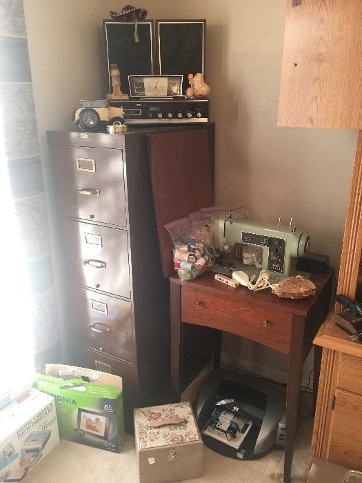 File Cabinet, Singer Sewing Machine, 8 track player with speakers