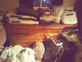 MATCHING BEDROOM DRESSER SET/ ALONG WITH BLANKETS,  COMFORTERS & LINENS