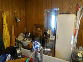 Vintage Metal Storage Cabinet / Battery Charger 50/12 & 2 amp. /2-Steam Cleaners from QVC still in box / Hand Tools - Hammers/ Screw Drivers/Small Socket Set / Water Bed Frame with Particle Boards, etc.