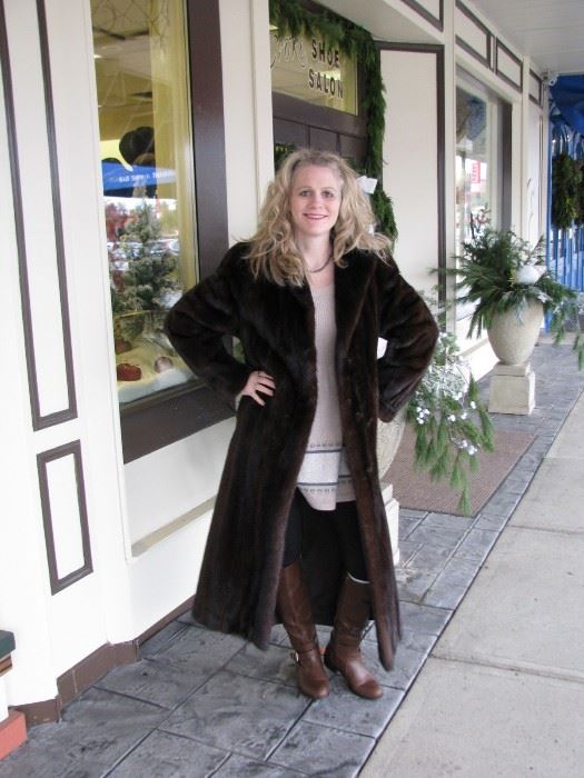 7- Mahogany mink, split male. 10 years old. Size 8/10. Model is 5'4". $1200.00