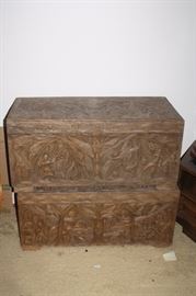 Hand Carved Teak Chests. Matching pair. 