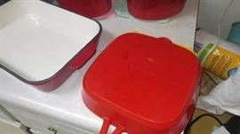 Red cast iron enamel cookware several pieces