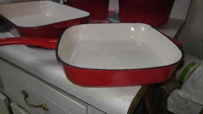 Red cast iron enamel cookware several pieces