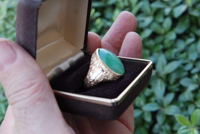 14K YG jade ring with  2 baguettes .80 cts tw - Retail value: $12,000  -  21.4 grams