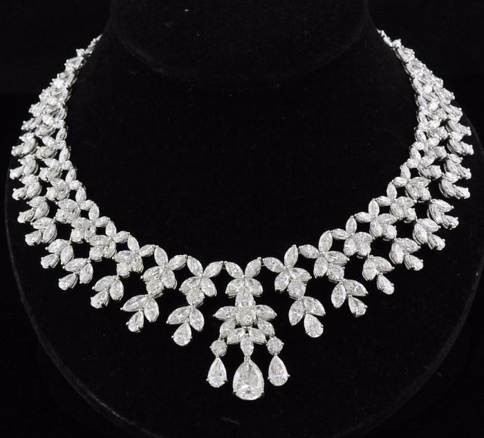 Platinum diamond collar necklace set with 33 pear shape diamonds, 47 round brilliant diamonds, 207 marquise diamonds approx. 84.50ctw and 1 pear shape drop weighing 4.28cts   --  Original cost $350,000