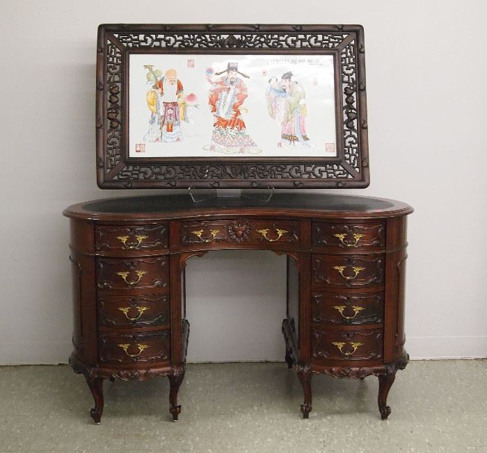 1920's mahogany carved kidney shaped desk and Chinese porcelain panel