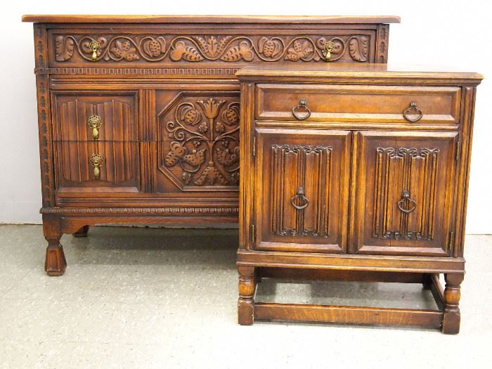 Carved oak chest and commode