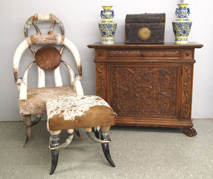 Carved Italian commode, early leather trunk, horn chair and footstool, Pr. of Chinese vases