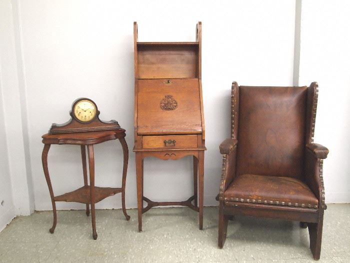Oak desk, Arts & Crafts armchair, New Haven shelf clock and parlor table