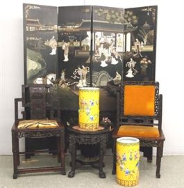 4 panel  Chinese lacquer screen, carved rosewood chairs, table and pr. vases