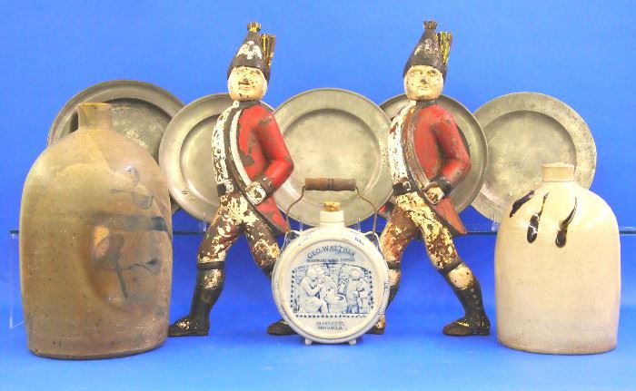 Pr. andirons, stoneware and pewter