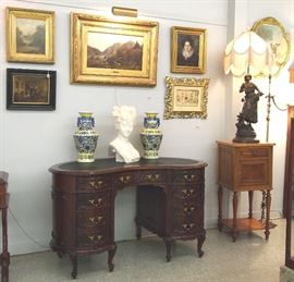 Art, mahogany desk, French m/t stand, lamp
