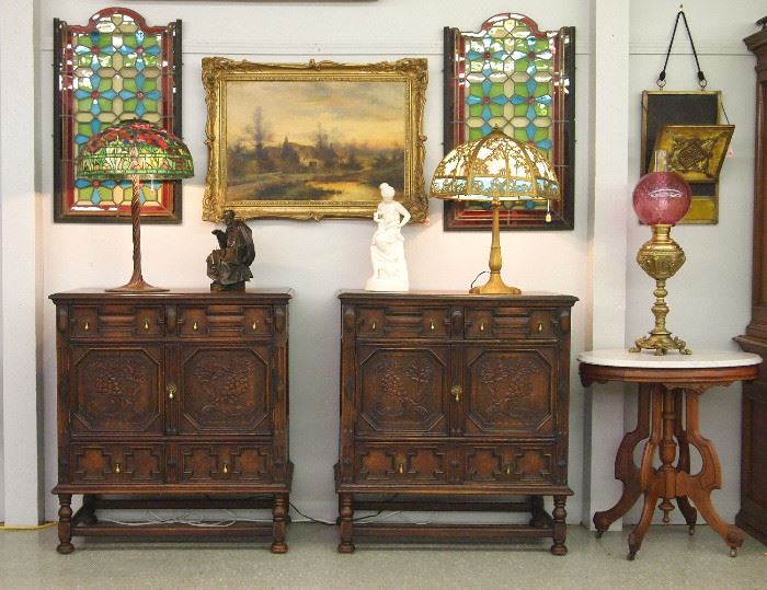 2 oak chest, lamps, landscape, stained glass 