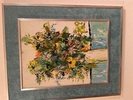 Bouquet- original vintage decorator art in silver and blue matted frame 