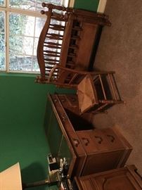 Vintage bedroom furniture: old henredon kneehole desk, pair of Thomasville twin beds, wood and wicker chair