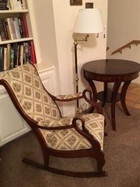 Goose arm rest rocking chair, reproduction table, adjustable brass floor lamp