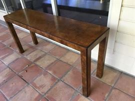 John Widdicomb (Grand Rapids, WI.) burled straight leg parsons table/console, Top 5' x 16" 29 H