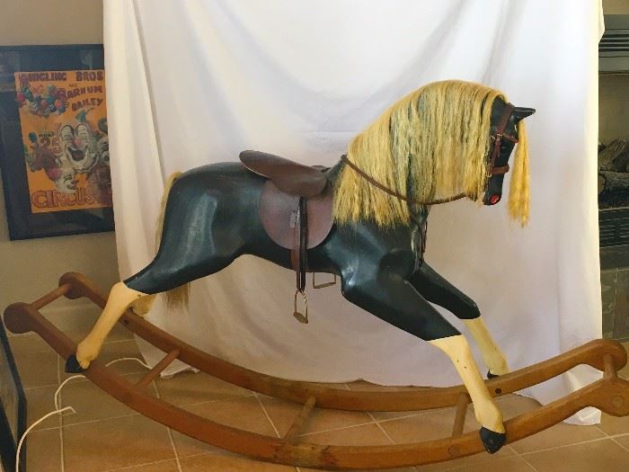 Harrod's Department Store Fixture for 30 Years. Hand Crafted Rocking Horse with Horse Hair. Solid Wood.
