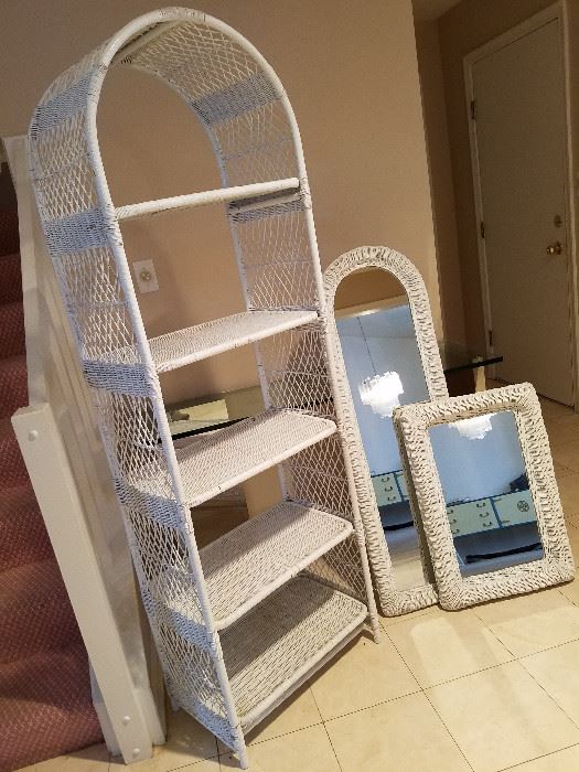 Two white wicker mirrors/white wicker shelving unit   (#This item is located in Baltimore, MD) http://www.ctonlineauctions.com/detail.asp?id=668336