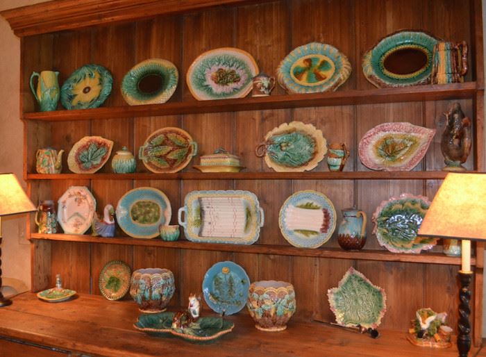 Impressive collection of antique majolica (cupboard is not for sale)