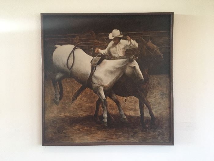 Original framed painting, acrylic on canvas by Dallas, TX artist Carol Glitsch-Burnett from 1977 (47 ins x 47 ins) 