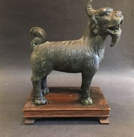 Chinese Bronze Lion Figure, 9.5 ins tall (not including wood base)
